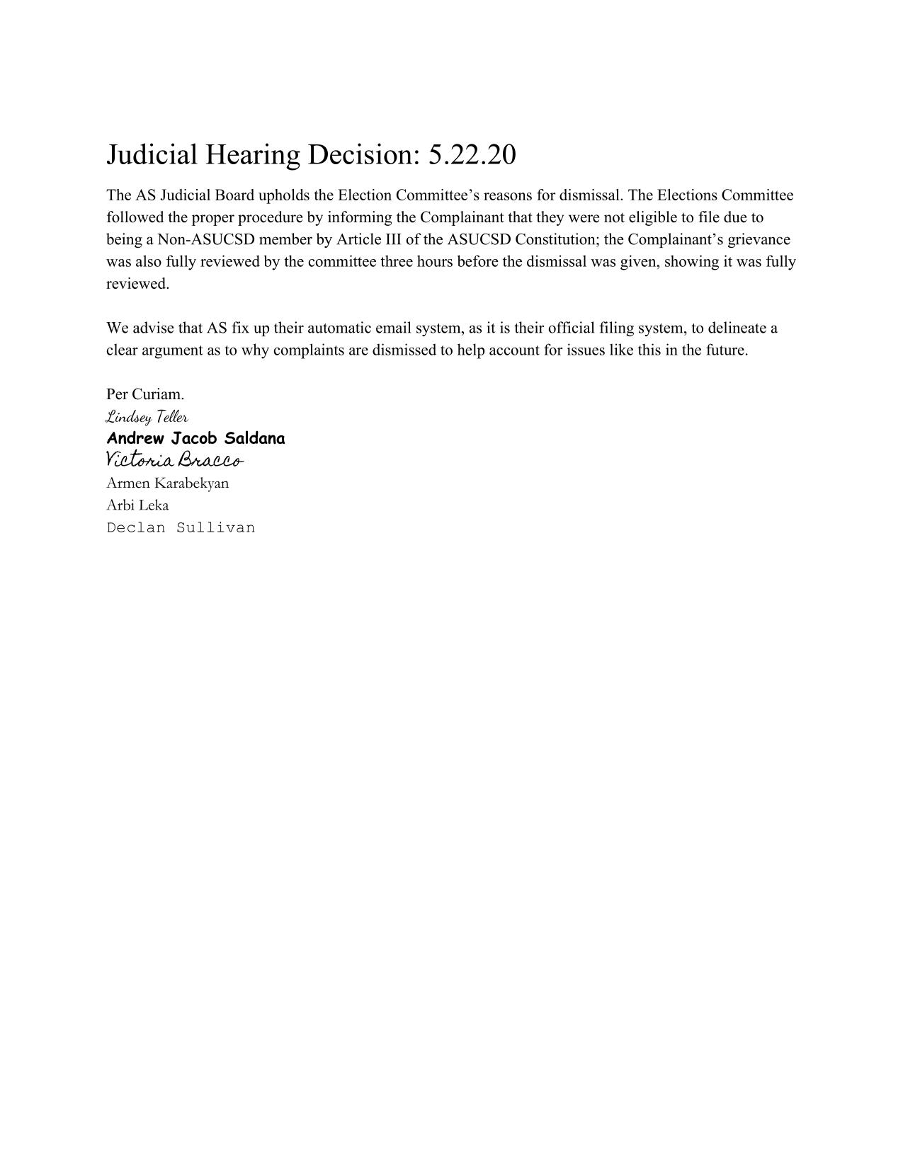 Judicial Board Ruling 05-22-2020